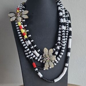 Sassy Jones Kabibi Bib Black, White, Red Necklace With Removable Bee Brooches